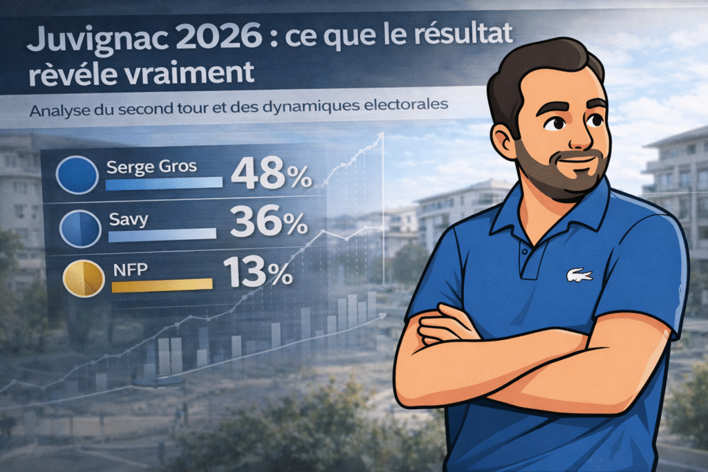 Analyse des élections municipales 2026 à Juvignac avec résultats du second tour : Serge Gros 48 %, Jean-Luc Savy 36 %, NFP 13 %, dans un contexte de triangulaire et de division électorale.