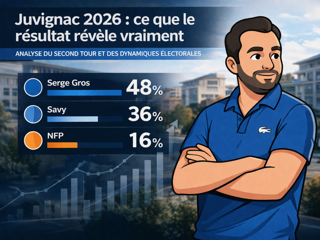 Résultats des élections municipales 2026 à Juvignac : Serge Gros 48 %, Jean-Luc Savy 36 %, NFP 16 %, analyse du second tour et des dynamiques électorales locales.
