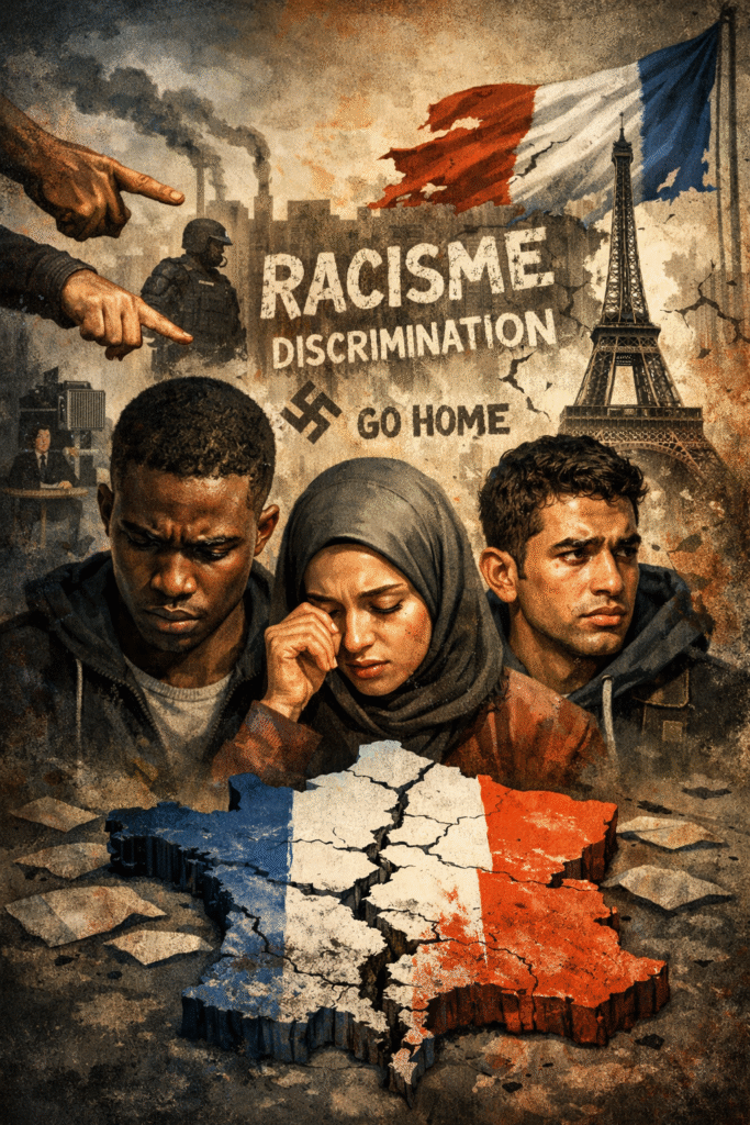 Illustration du racisme en France montrant plusieurs personnes visées par la discrimination sur fond de drapeau français fissuré et de climat social tendu