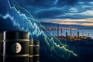 Prix du pétrole en baisse avec économie algérienne, barils et graphique financier