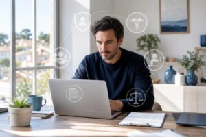 Assurances professionnelles en France pour entrepreneurs et freelances avec contrats et ordinateur