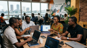Entrepreneurs startup en Côte d’Ivoire illustrant l’innovation et l’écosystème numérique en Afrique francophone