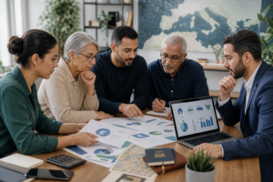 Crédit assurance budget en France avec famille et entrepreneur comparant contrats, garanties et dépenses