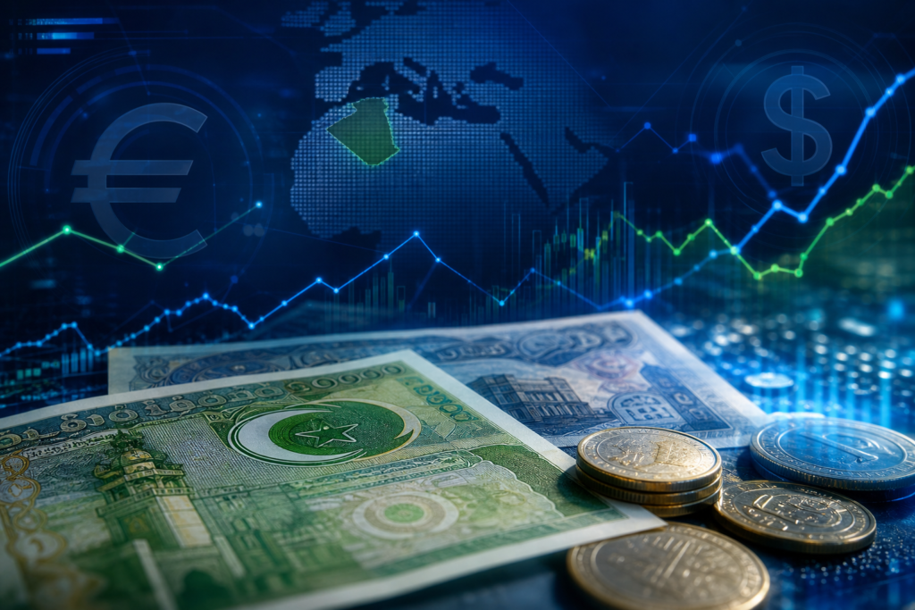 Illustration éditoriale du taux du dinar algérien face à l’euro et au dollar le 5 juin 2026
