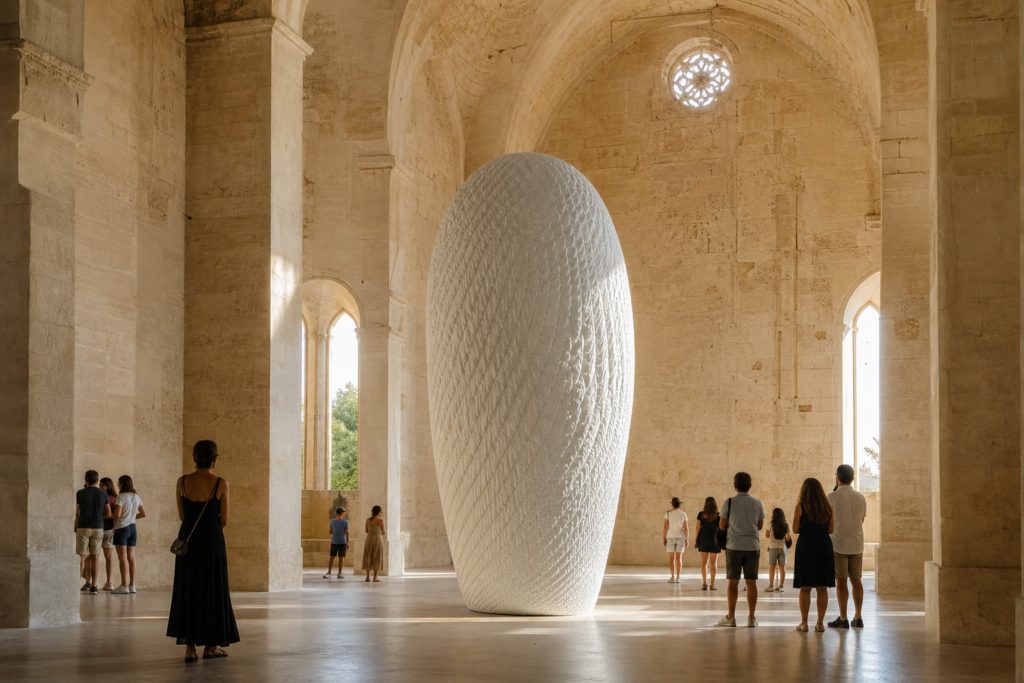 Exposition Jaume Plensa au Carré Sainte-Anne à Montpellier avec visiteurs et sculpture contemporaine
