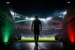 Jeune footballeur algérien entrant dans un stade, symbole du transfert de Kaïl Boudache à l’OL et des talents algériens en France