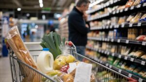 Chariot de courses et ticket de caisse illustrant les prix alimentaires et le pouvoir d’achat en France