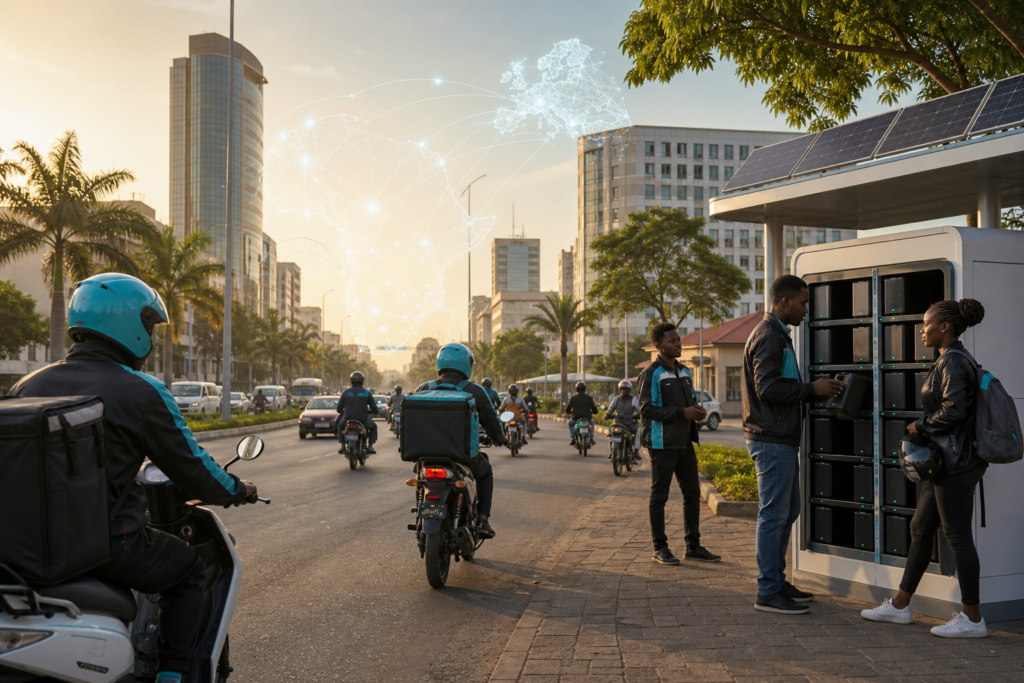 Deux-roues électriques et station de batteries Spiro illustrant la mobilité électrique en Afrique francophone