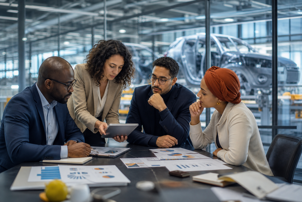 Fermeture de Stellantis Poissy avec usine automobile et entrepreneurs de la diaspora analysant les enjeux économiques