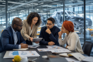 Fermeture de Stellantis Poissy avec usine automobile et entrepreneurs de la diaspora analysant les enjeux économiques