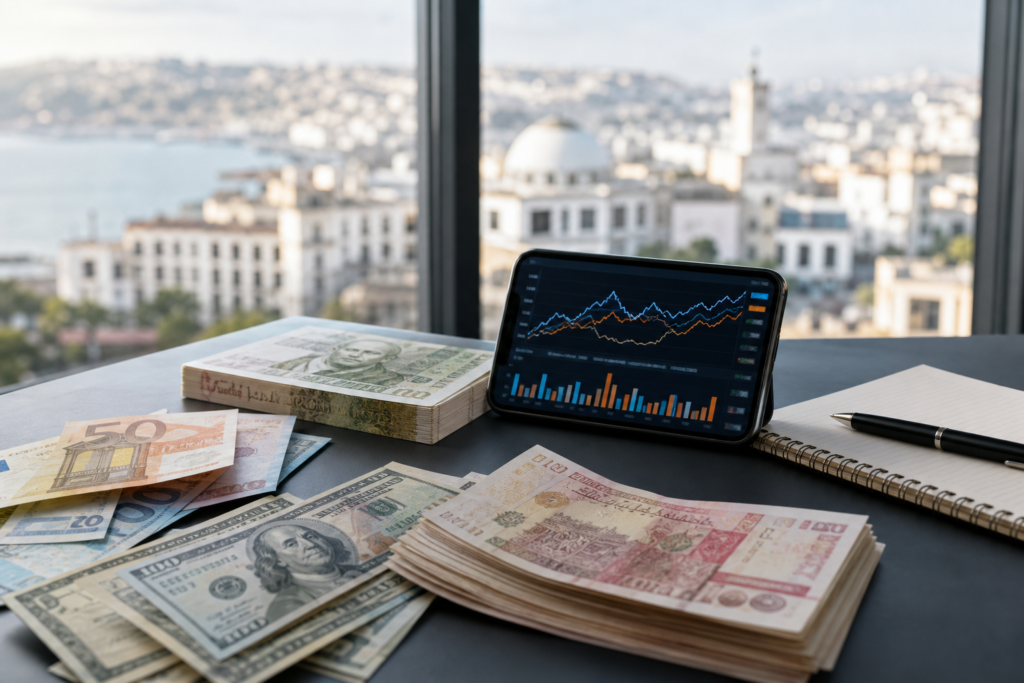 Billets algériens, euros et dollars illustrant le taux du dinar algérien au 19 mai 2026