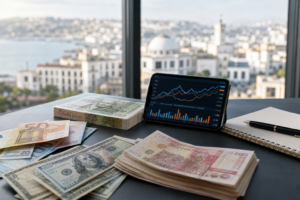 Billets algériens, euros et dollars illustrant le taux du dinar algérien au 19 mai 2026
