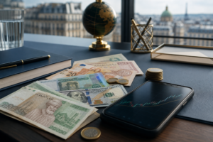 Billets en dinars algériens, euros et dollars pour illustrer le taux de change du 22 juin 2026