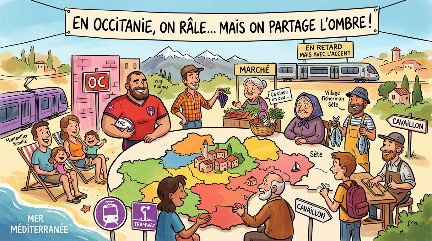 Caricature Occitanie : en Occitanie, on râle… mais on partage l’ombre !