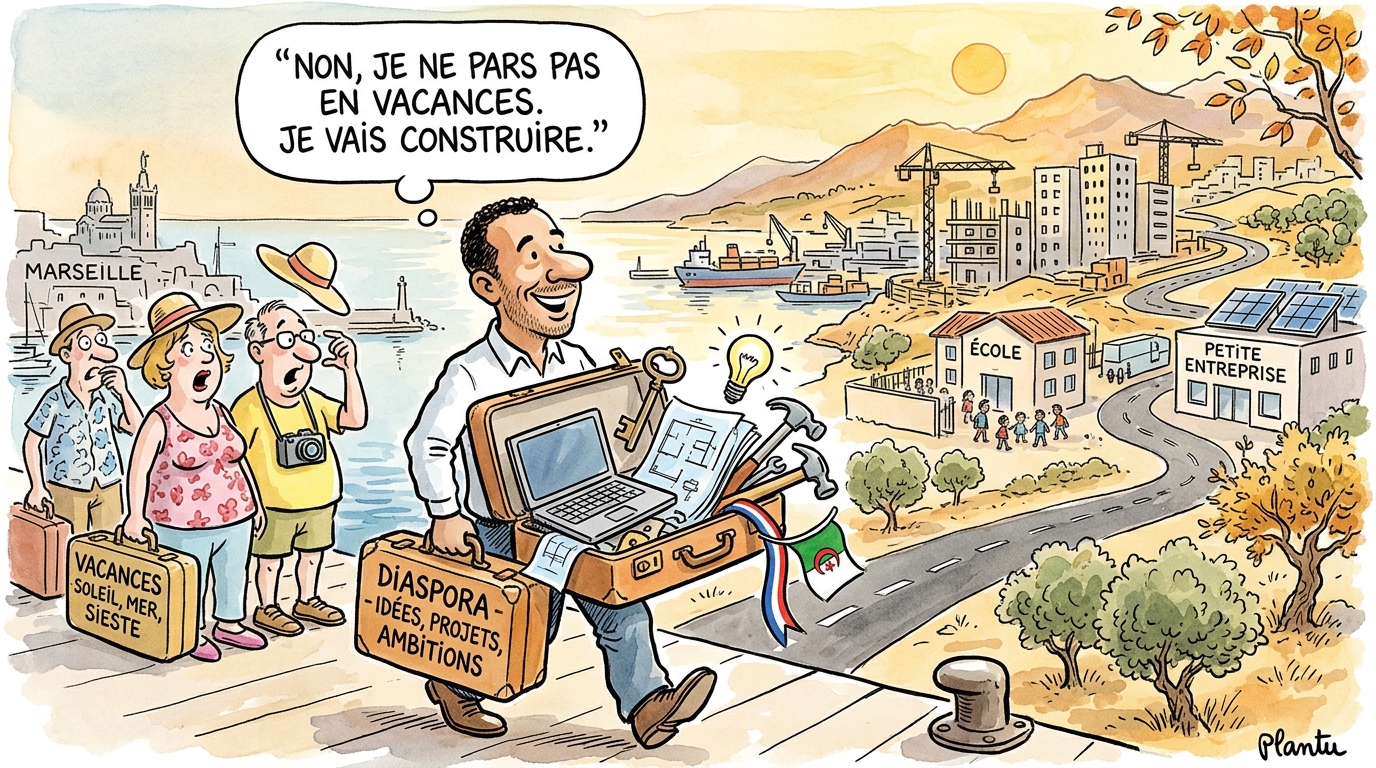 Caricature Entre2rives.info sur la diaspora franco-algérienne qui construit son avenir en Algérie