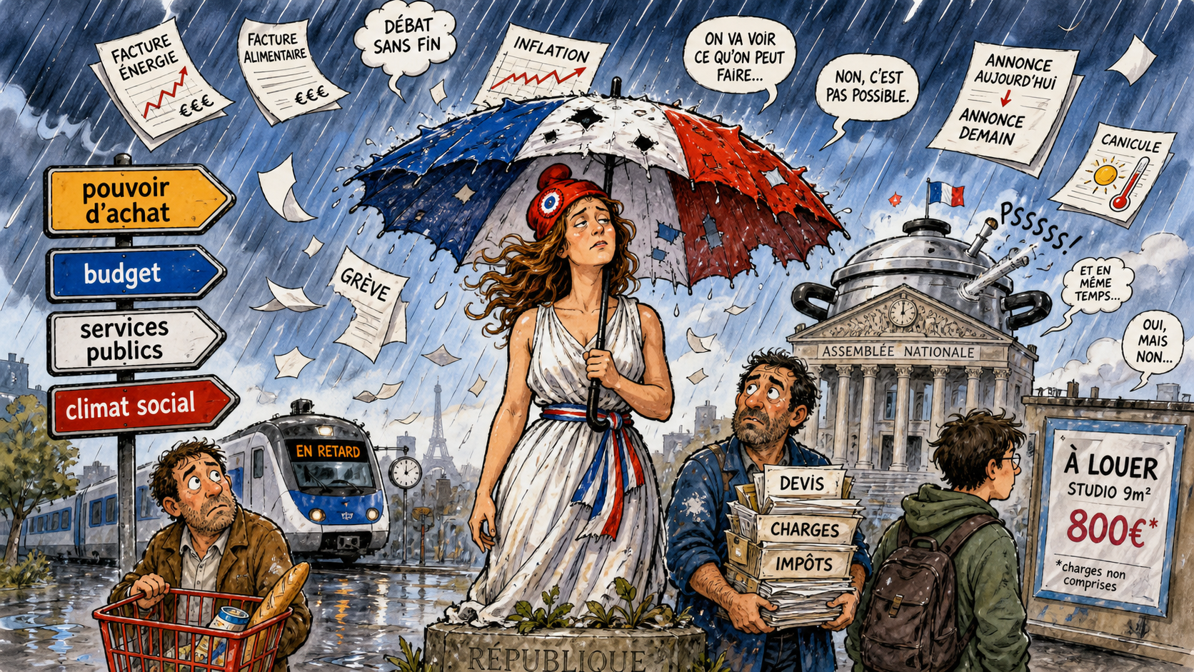 Caricature : la France sous la pluie des dossiers