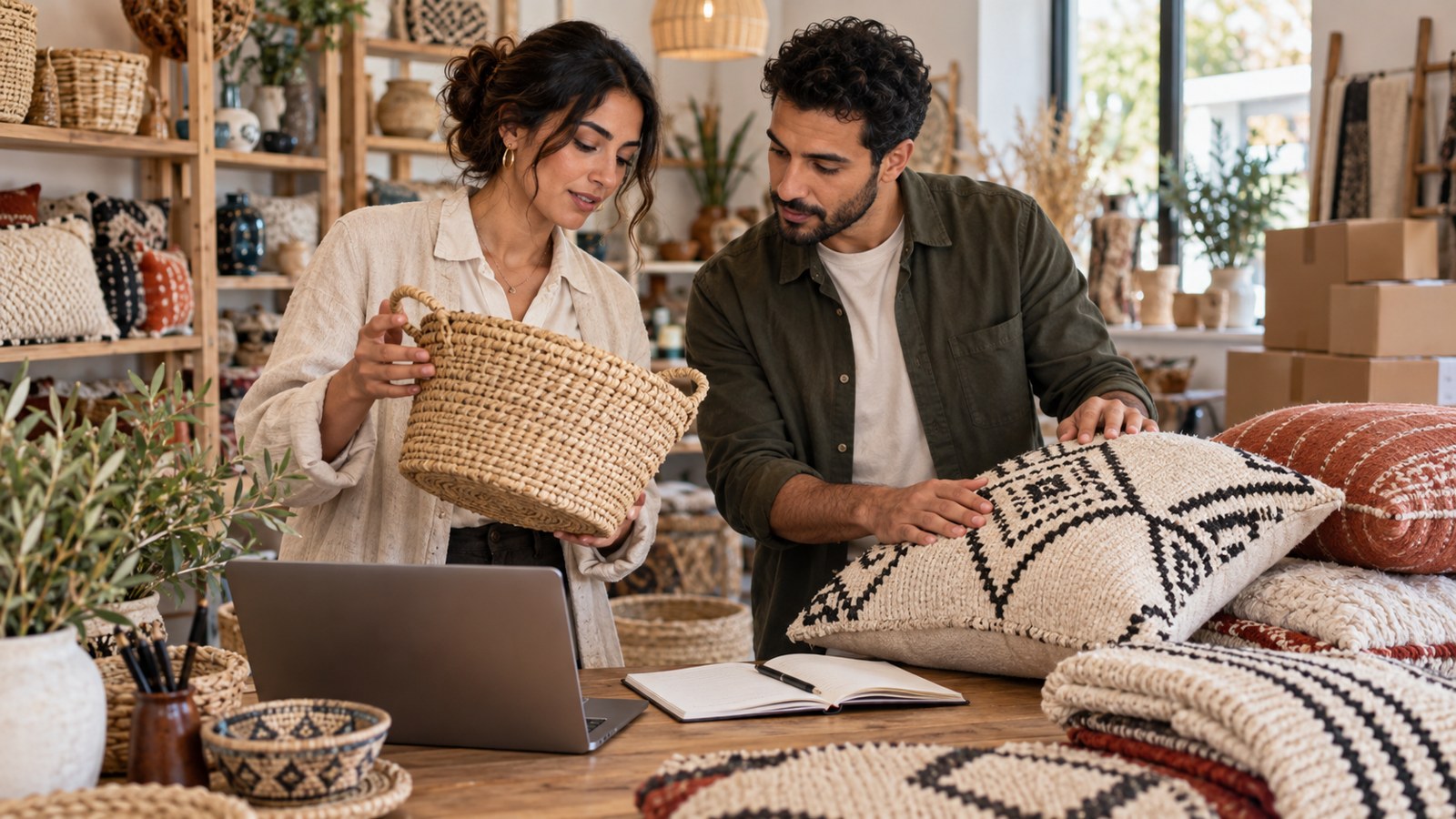 Deux entrepreneurs examinent des paniers et textiles artisanaux dans une boutique