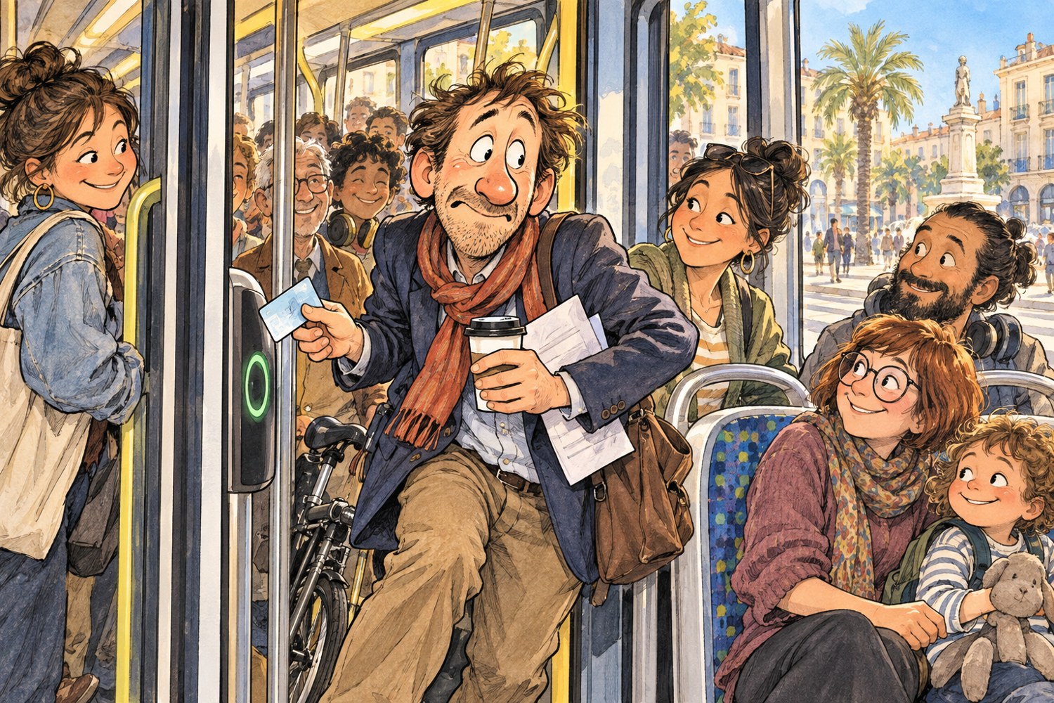 Caricature douce d'un voyageur dans un tram à Montpellier, jonglant entre carte de transport, café et papiers