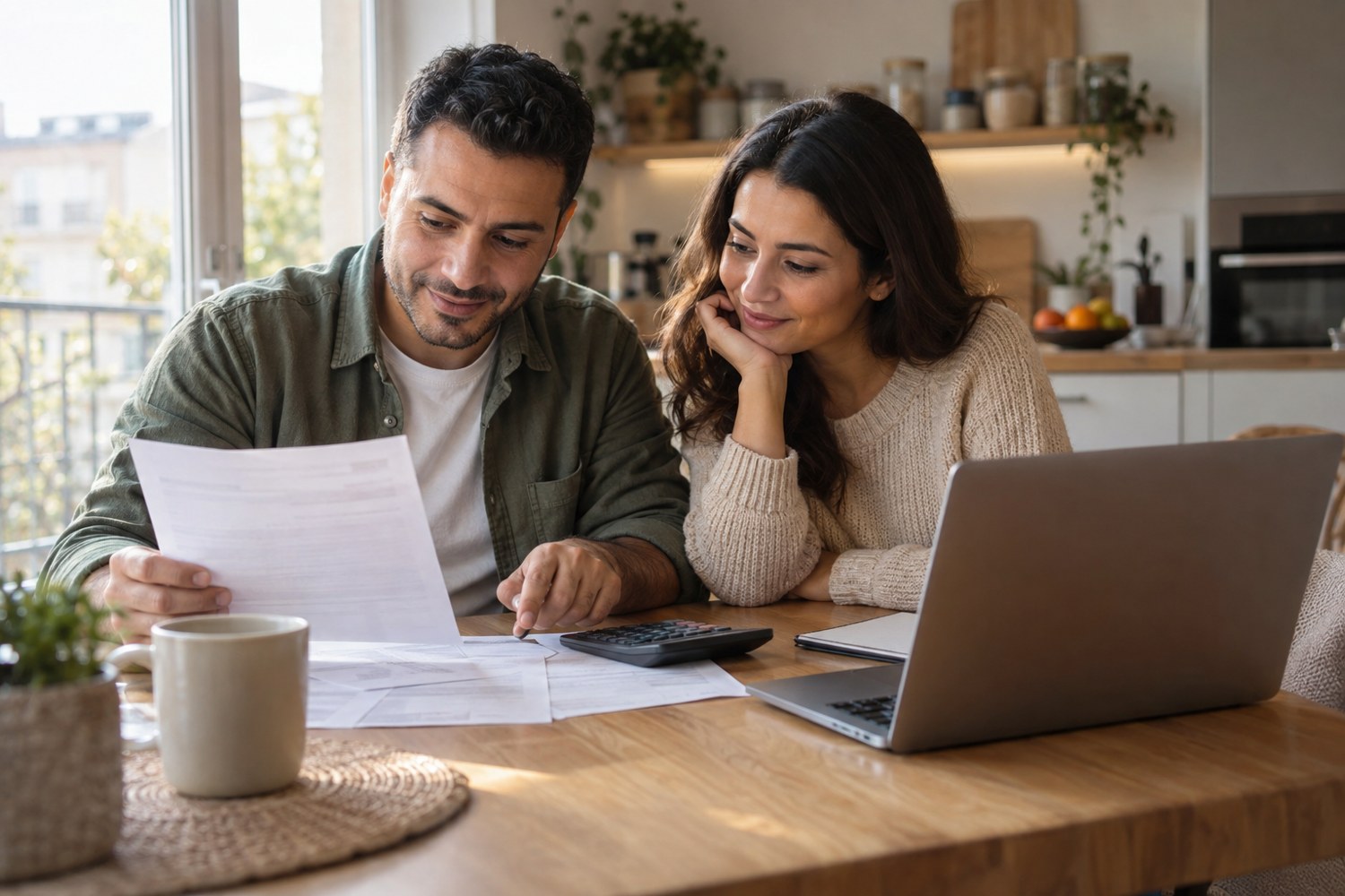 Un couple compare sa facture d’énergie avec une calculatrice et un ordinateur