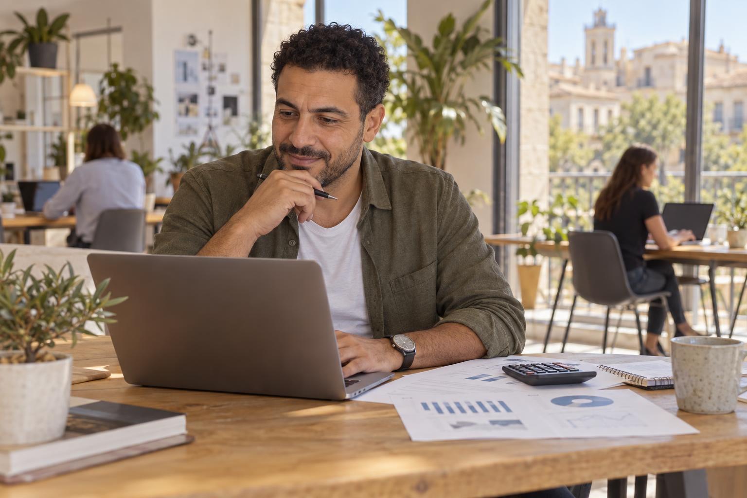Entrepreneur consulte son budget et prépare son projet professionnel à Montpellier