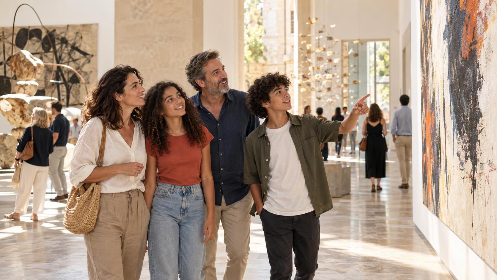 Famille découvrant une exposition culturelle à Montpellier
