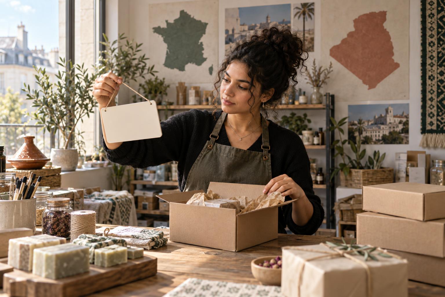 Entrepreneure préparant l'identité de sa micro-entreprise entre France et Algérie