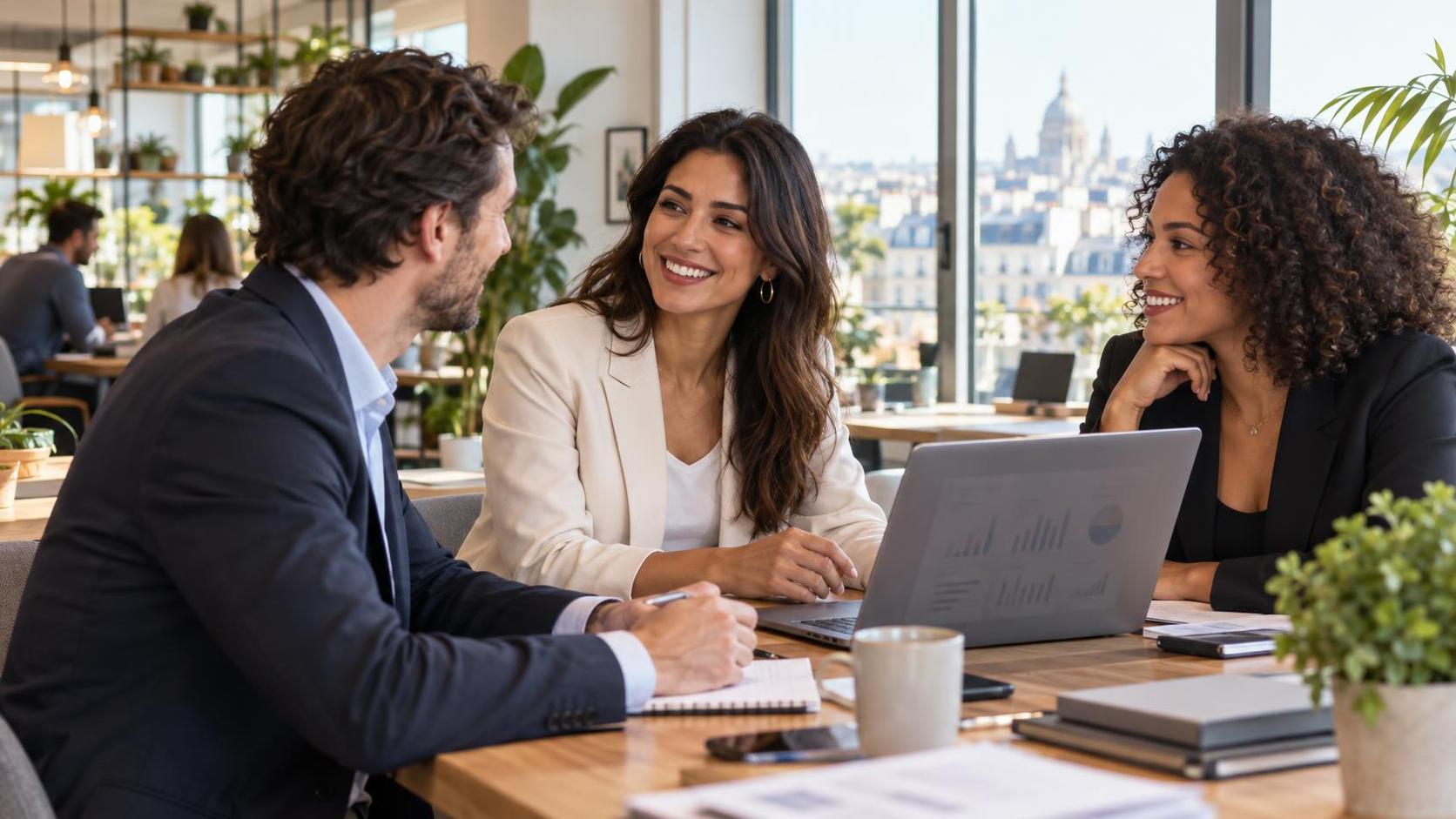 Entrepreneure franco-marocaine échangeant avec ses collègues dans un espace de coworking en France