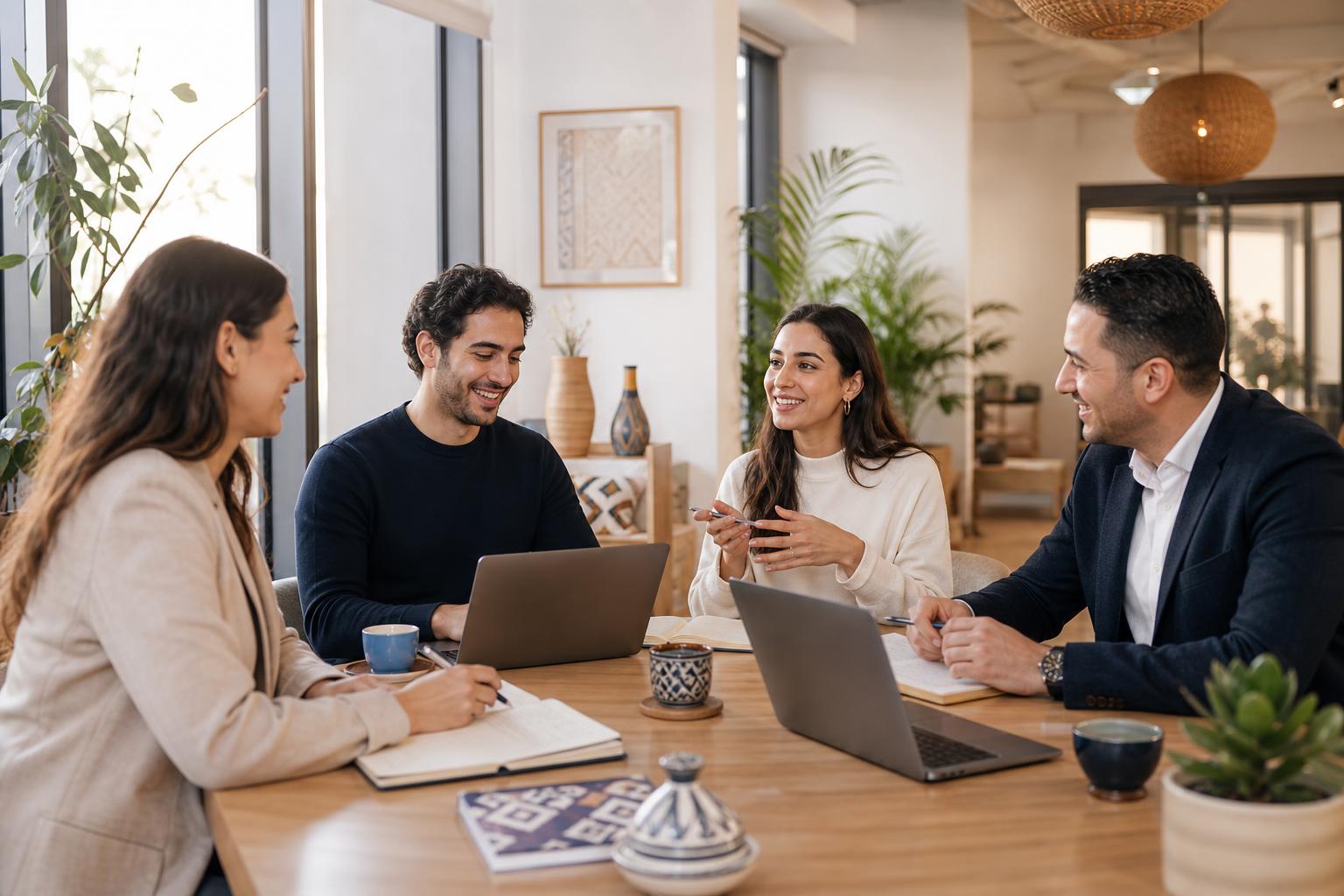 Entrepreneurs marocains en France travaillant sur des projets économiques France-Maroc