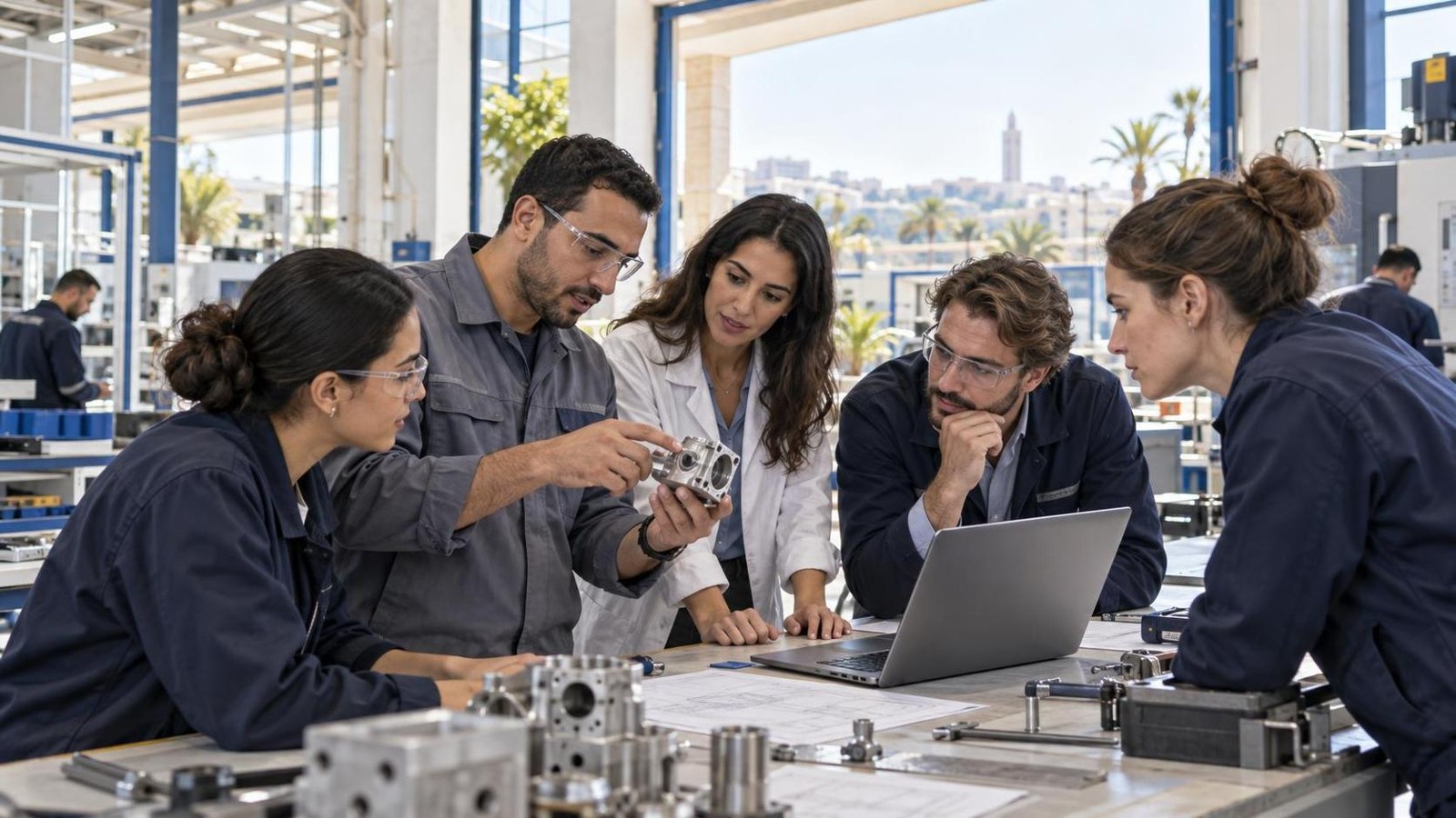 Professionnels franco-marocains échangeant dans un atelier industriel moderne