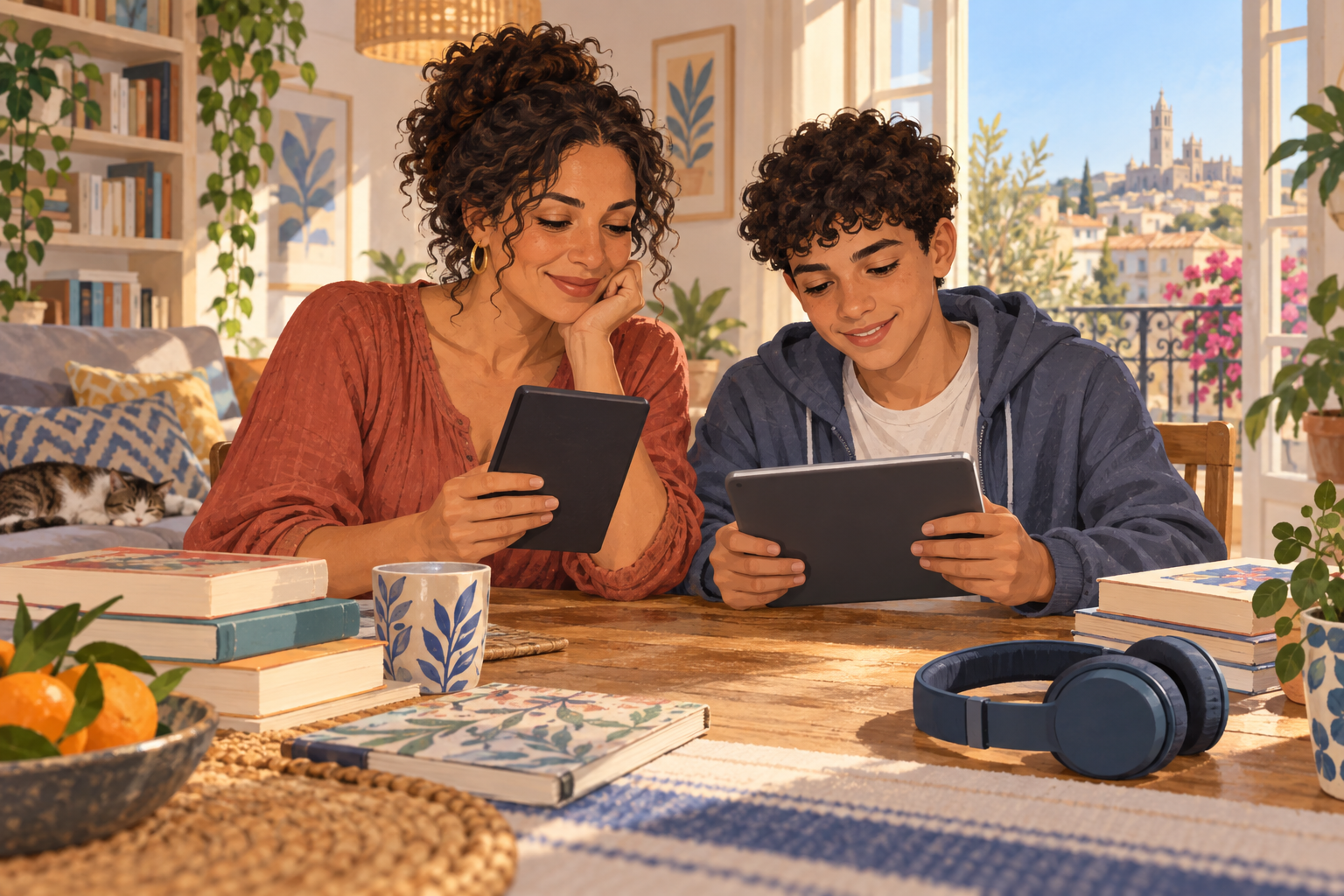 Illustration d’une mère et de son adolescent lisant sur une liseuse et une tablette