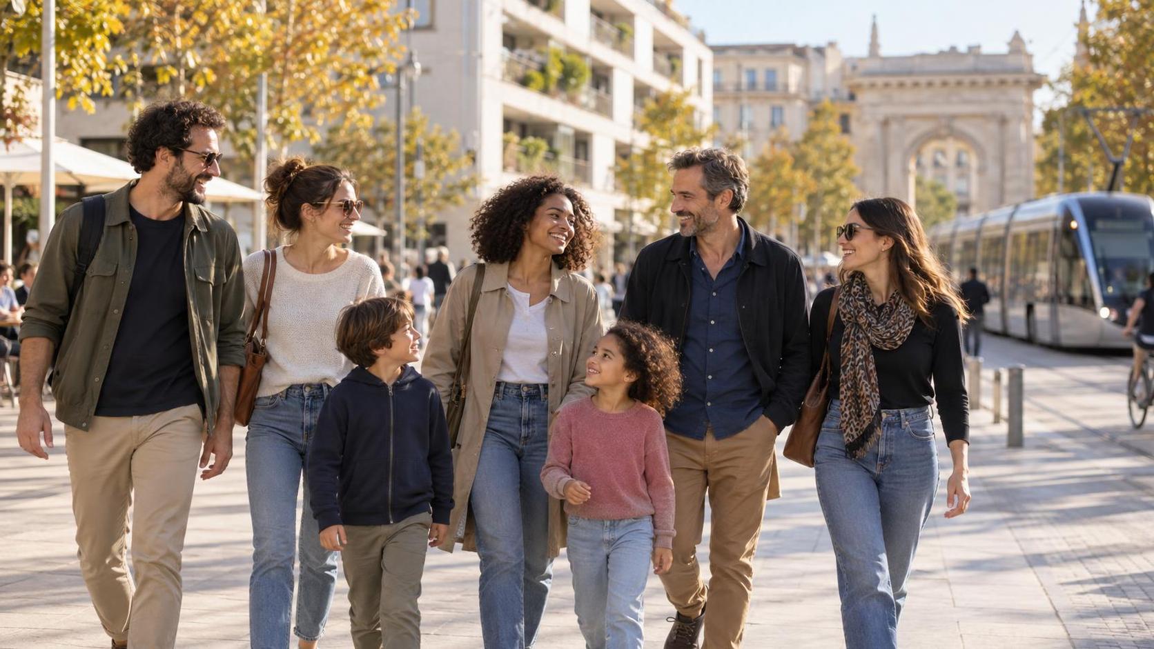 Famille et amis près d’un tramway à Montpellier au début de l’automne