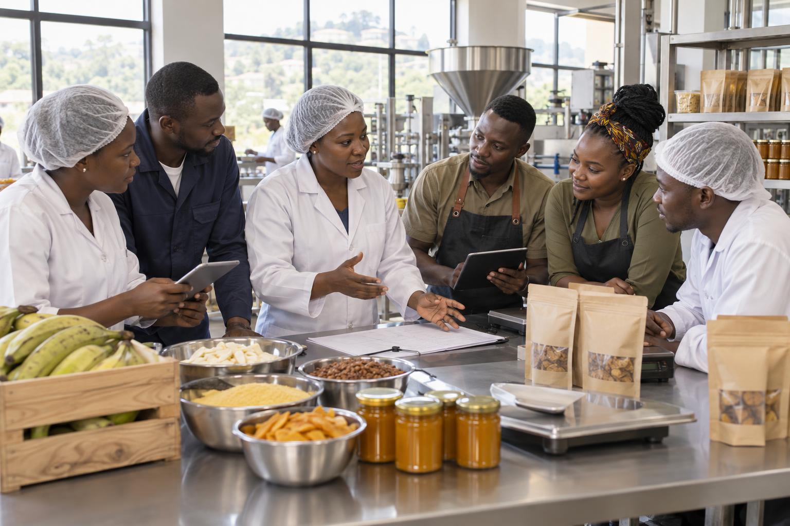 Entrepreneurs africains réunis dans un atelier moderne de transformation agroalimentaire