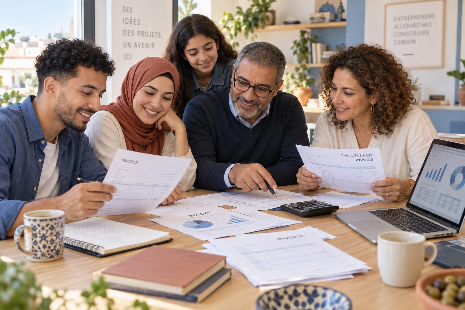 Familles et entrepreneurs de la diaspora en France analysant budget, emploi et projets économiques