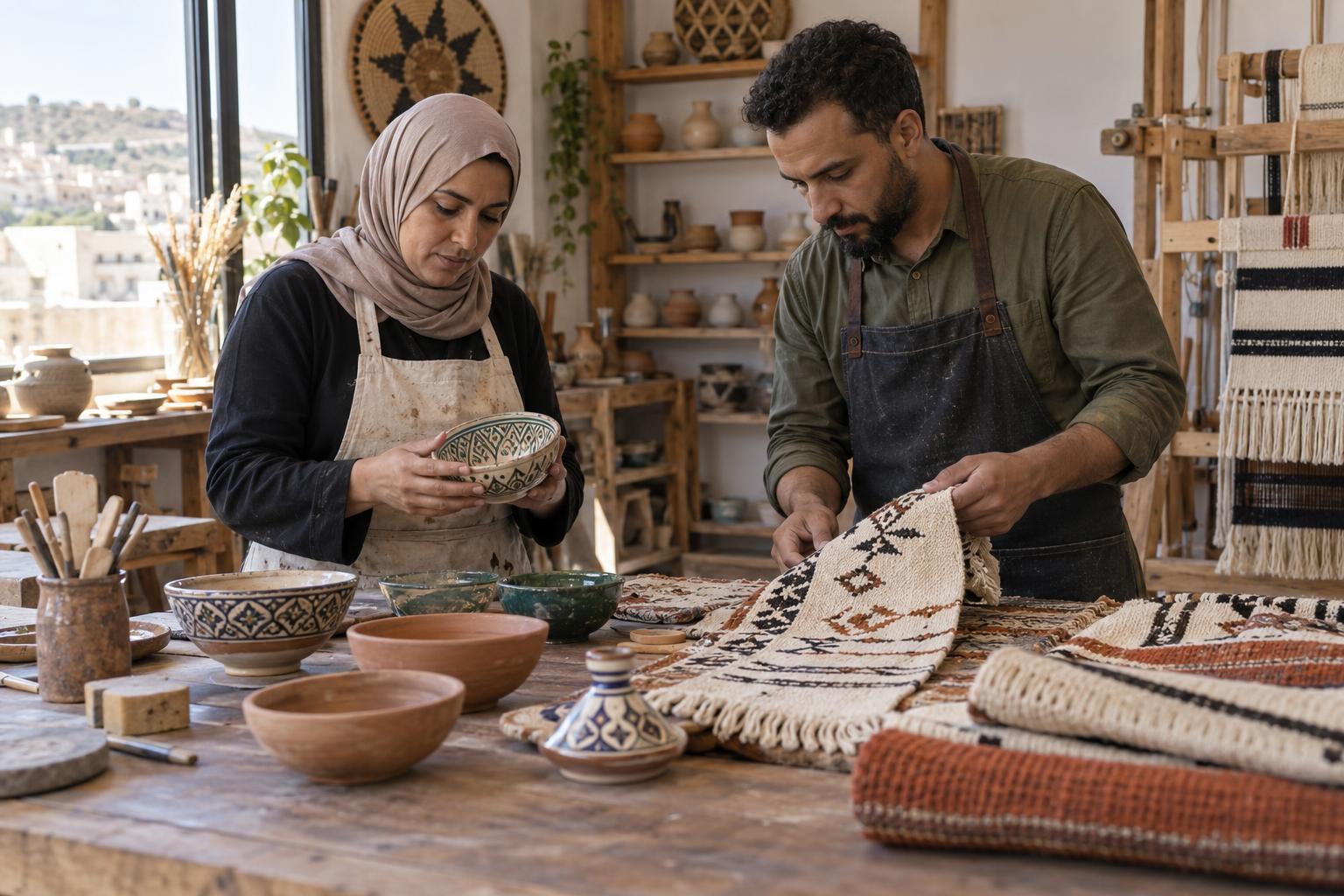 Deux artisans algériens examinent des céramiques et textiles dans un atelier