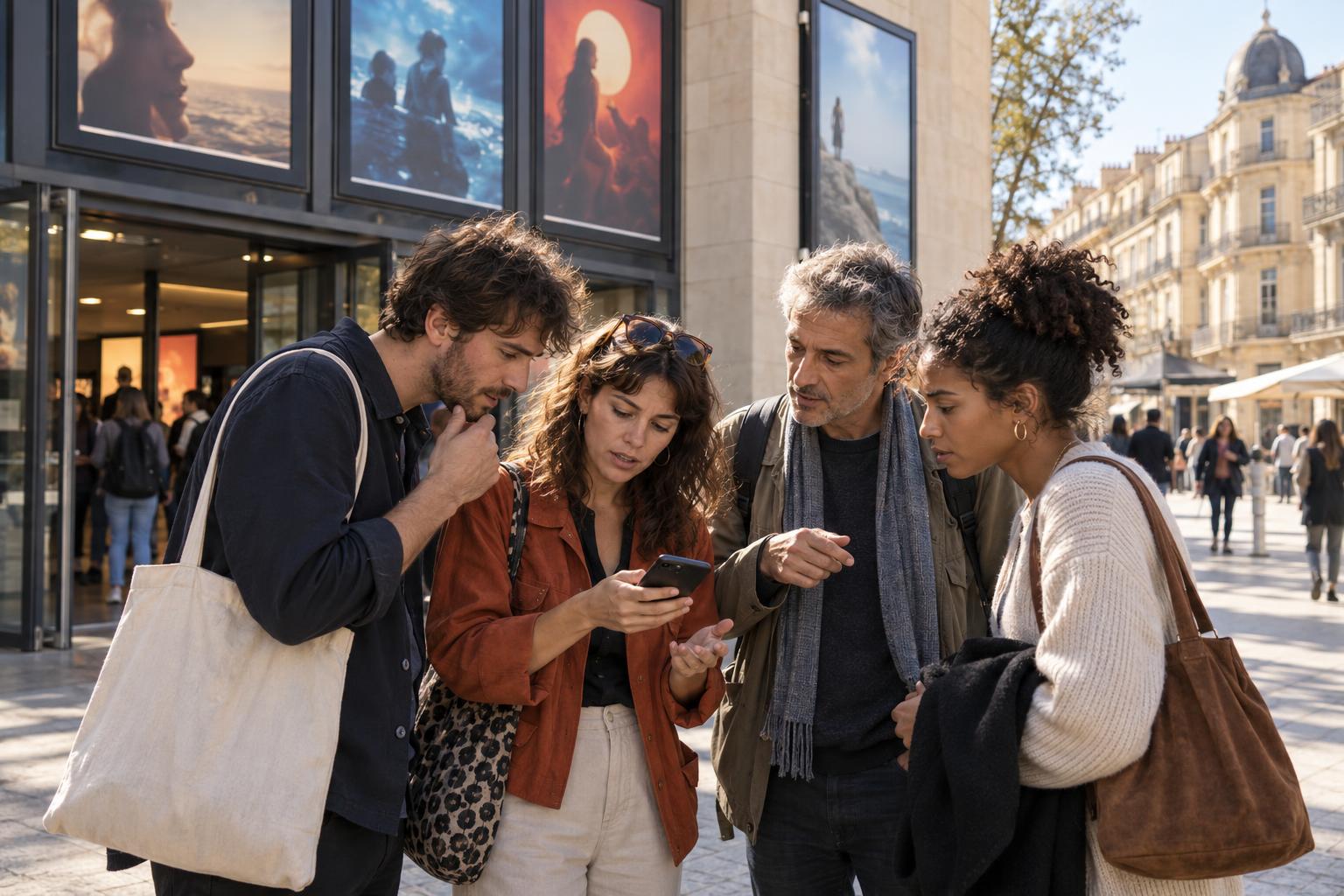 Spectateurs consultant le programme d'un festival de cinéma avant une séance à Montpellier