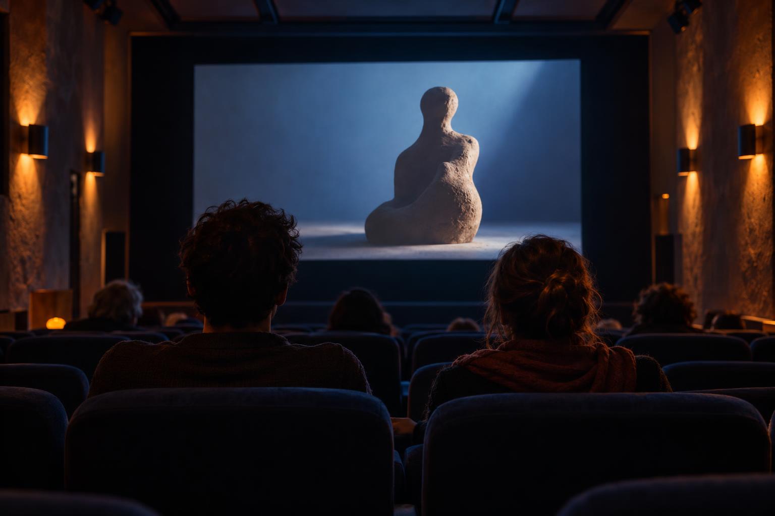 Spectateurs devant une évocation de sculpture dans une salle de cinéma méditerranéen