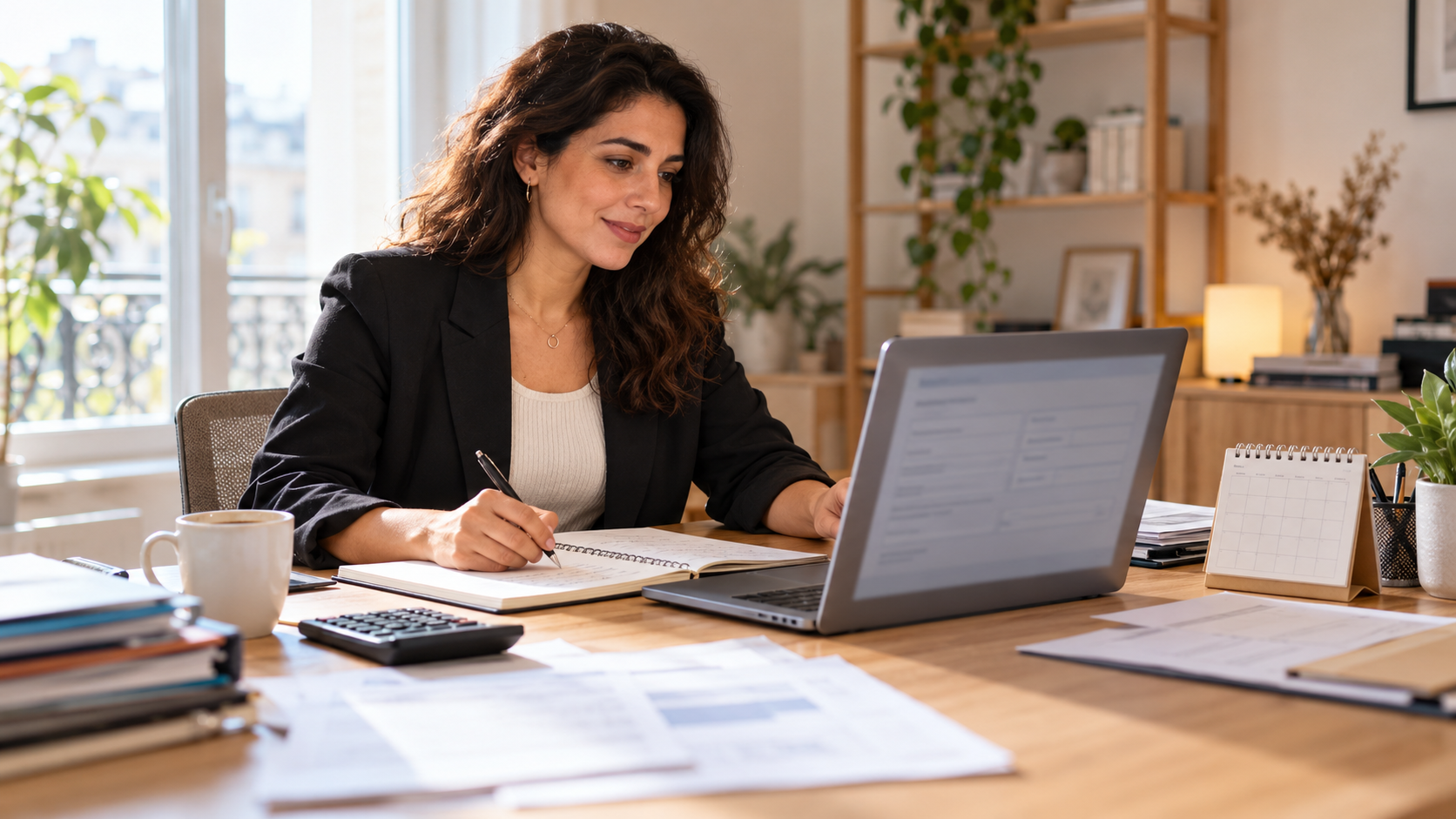 Entrepreneuse préparant un dossier de micro-entreprise avec un ordinateur et une calculatrice
