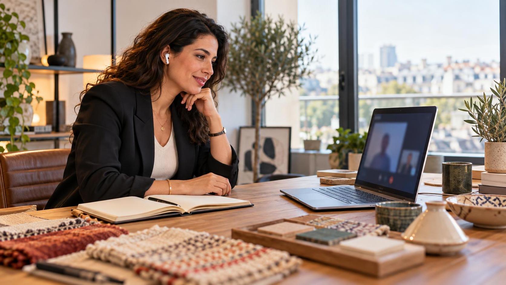 Entrepreneuse franco-marocaine préparant un projet professionnel à distance avec un partenaire au Maroc