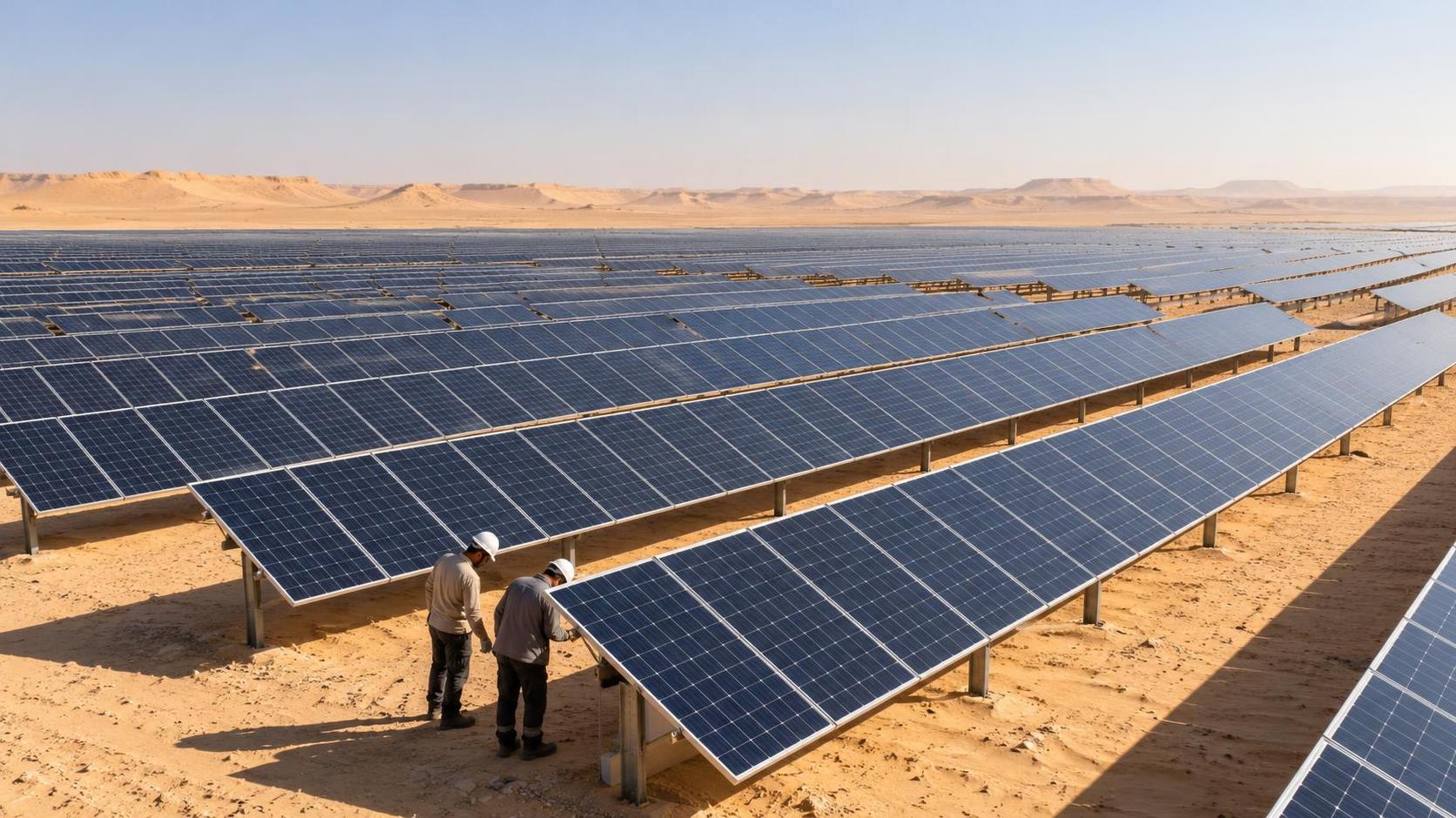 Illustration de panneaux solaires et techniciens dans le Sahara algérien