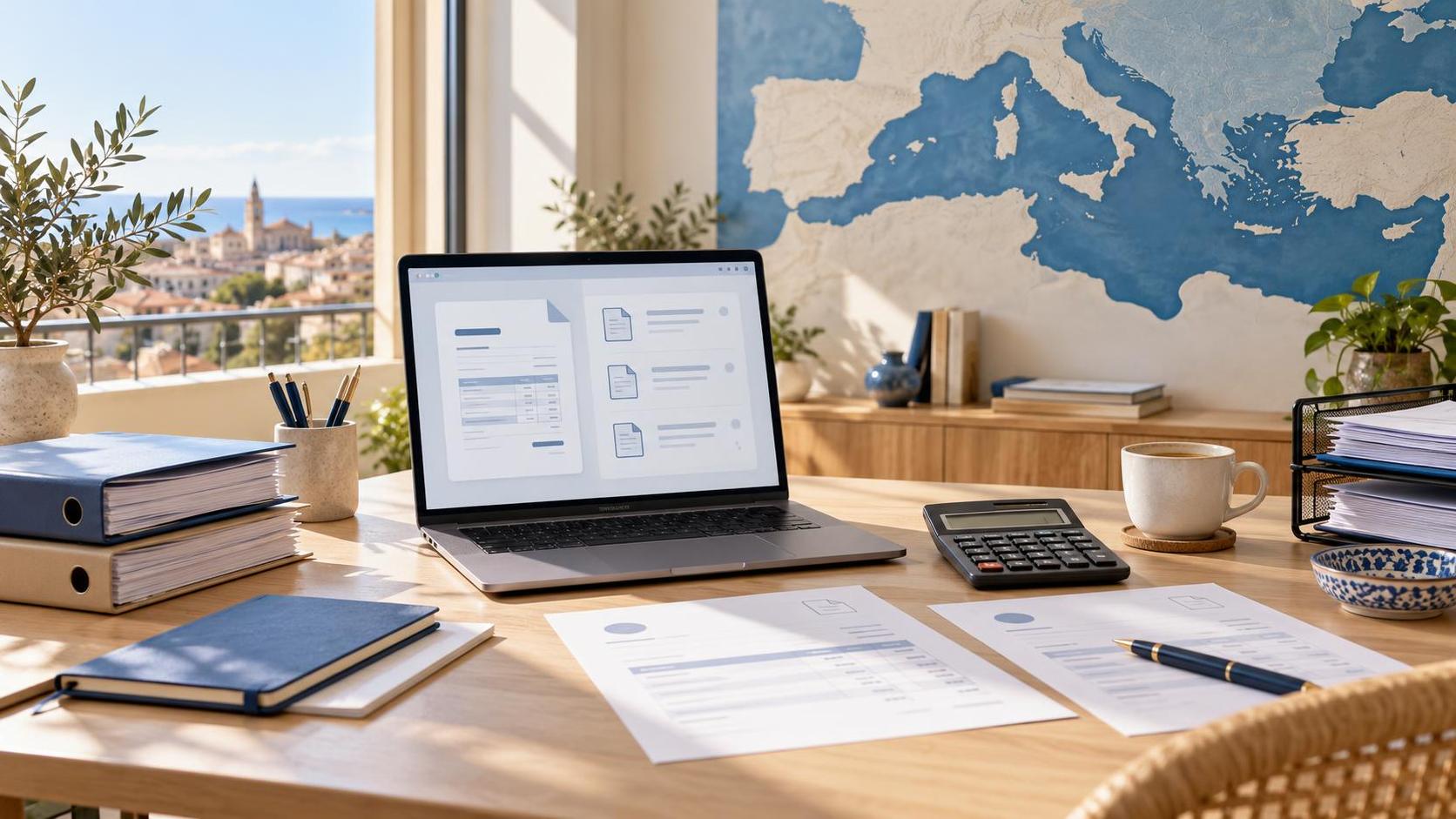 Bureau de petite entreprise préparant des factures pour des clients en France et en Algérie