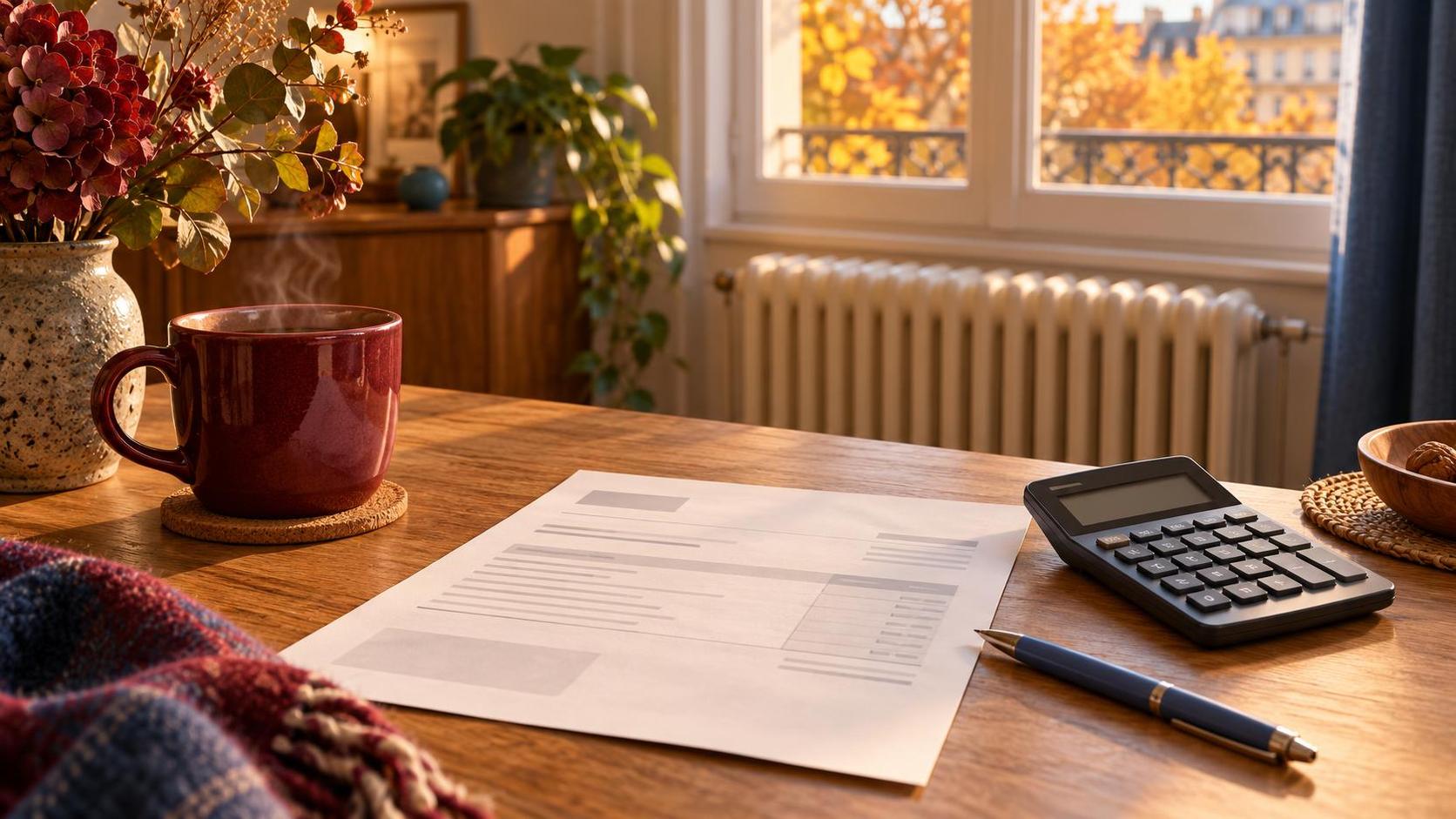 Facture de gaz et calculatrice sur une table dans un logement en automne, illustration sans tarif réel
