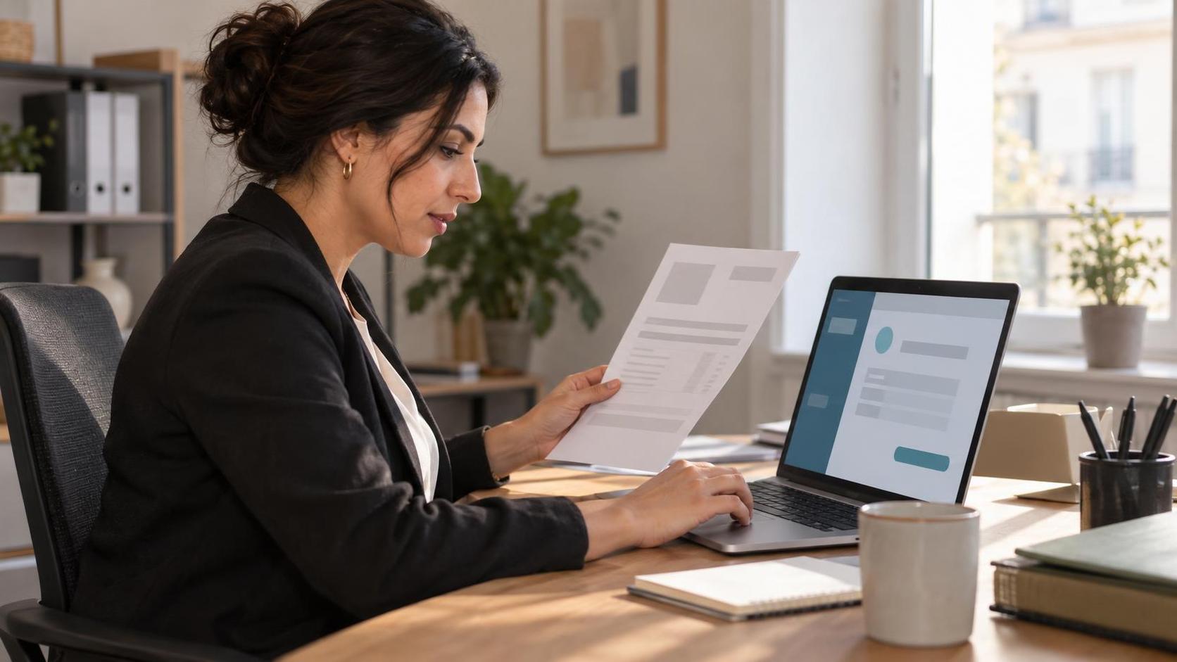 Entrepreneuse vérifiant un bénéficiaire avant un virement instantané en euros