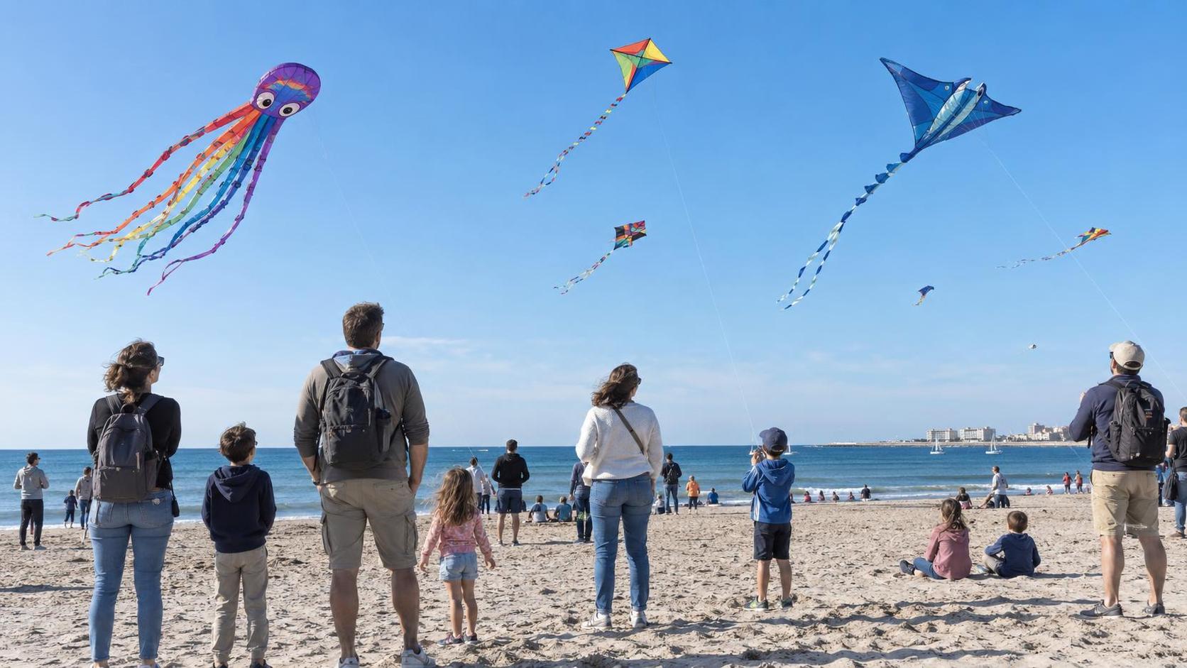 Familles sur une plage regardant des cerfs-volants colorés dans le ciel de Palavas