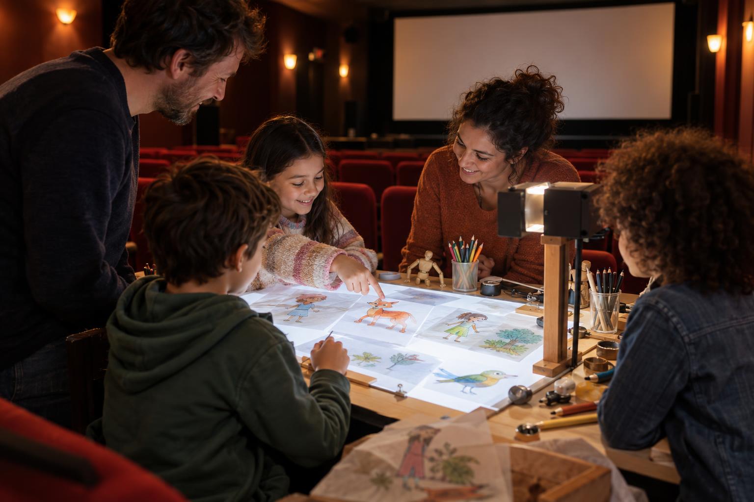 Famille découvrant un atelier de cinéma d’animation dans une salle culturelle