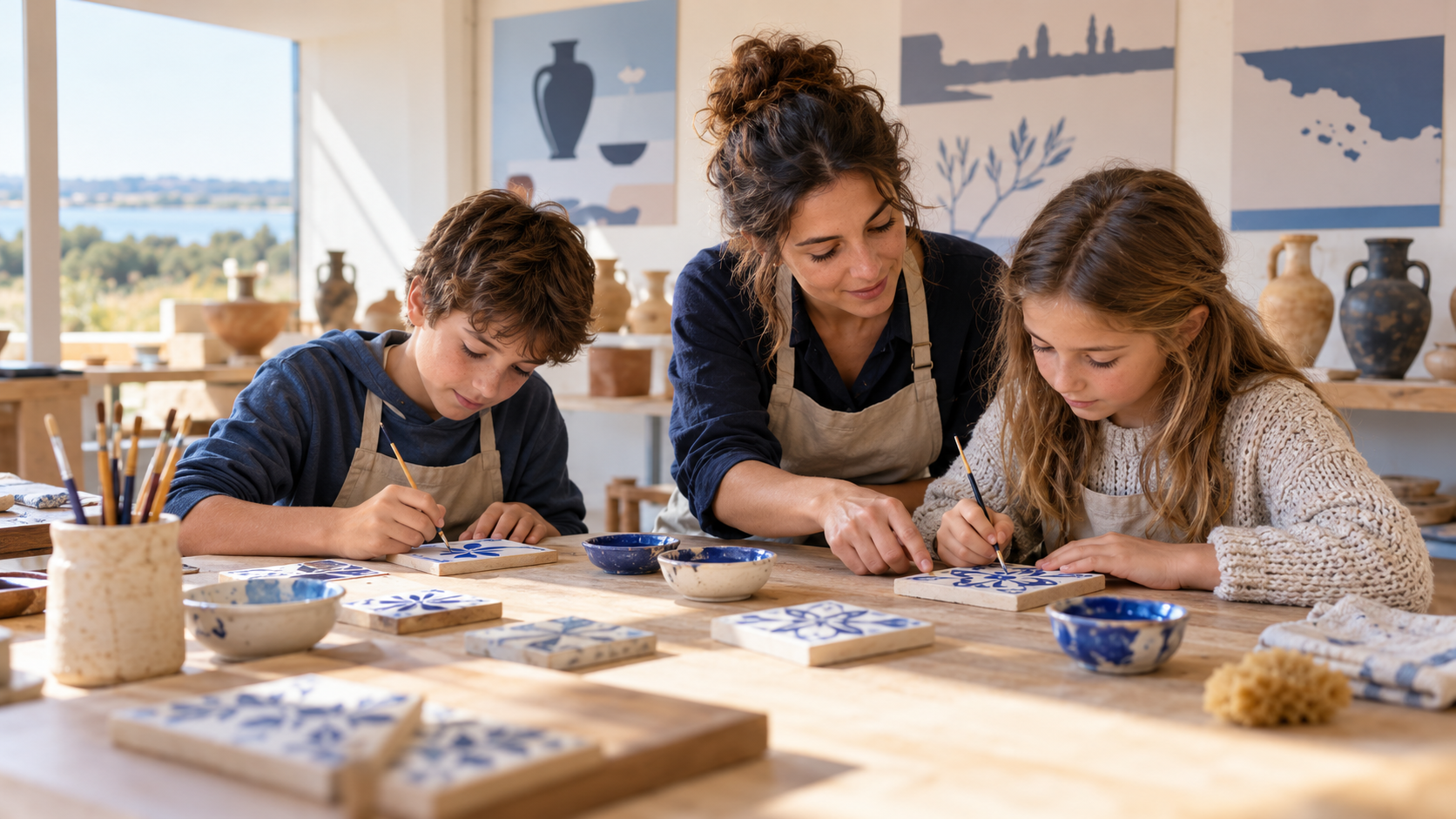 Enfants participant à un atelier de faïence inspiré de l’archéologie méditerranéenne