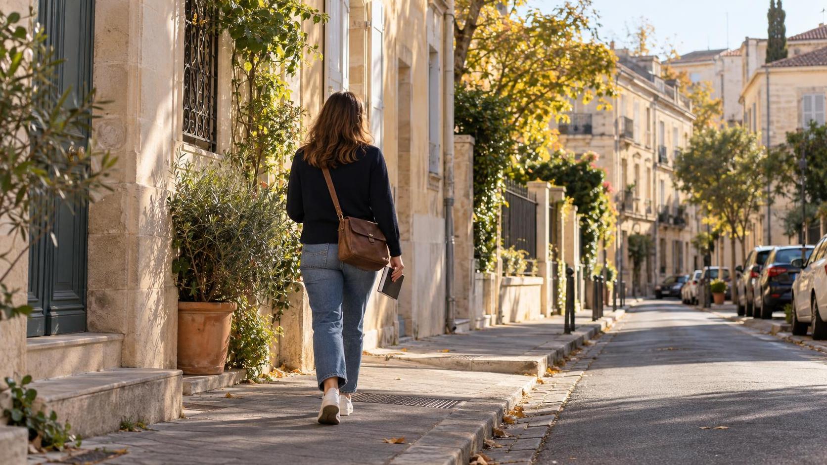 Agent recenseur marchant dans une rue résidentielle de Montpellier
