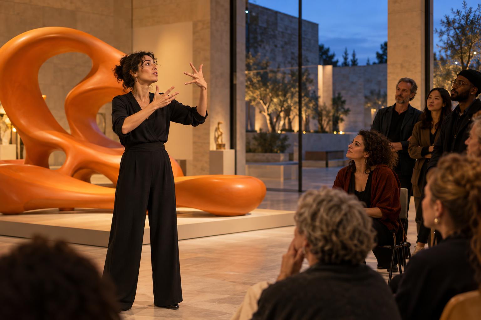 Une artiste exprime une poésie en langue des signes devant un public dans un musée au décor orange, illustration