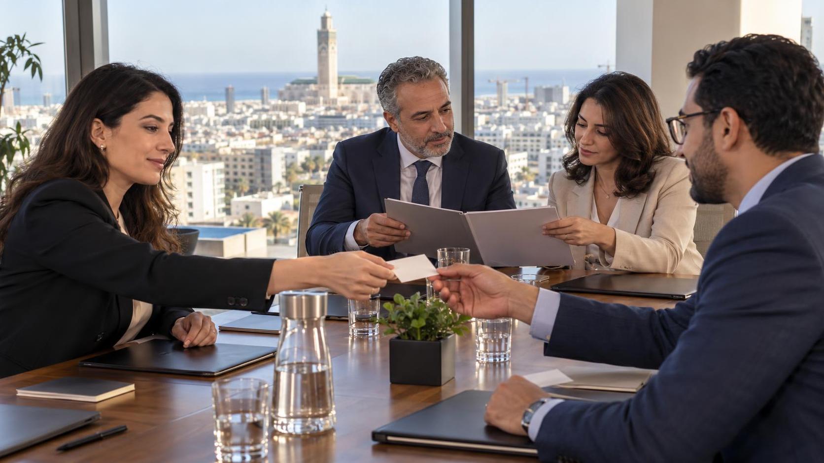 Professionnels franco-marocains échangeant autour d'un dossier lors d'une rencontre B2B