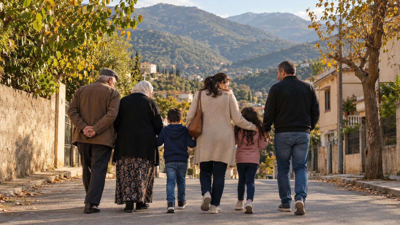 Trois générations d'une famille marchent ensemble dans une ville de la vallée de la Soummam, illustration